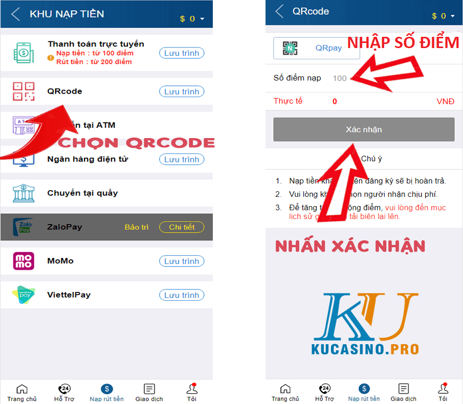 Hướng dẫn nạp tiền KU Casino bằng quét mã QR code